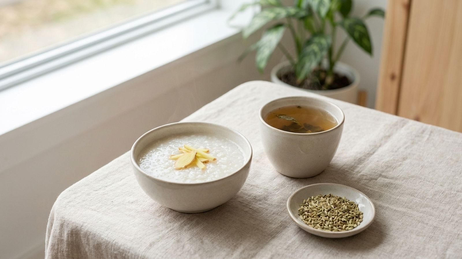 A bowl of congee with ginger, a cup of tea and a dish of fennel seeds on a linen tablecloth