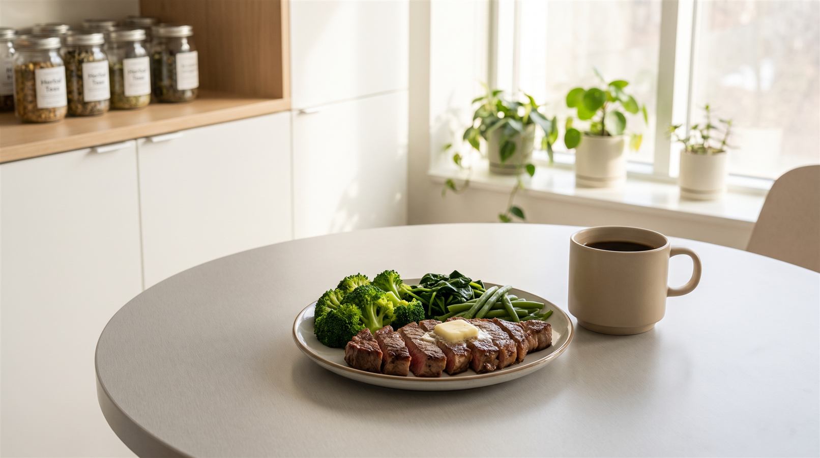 A plate of sliced steak with butter, broccoli, spinach and green beans beside a mug of coffee