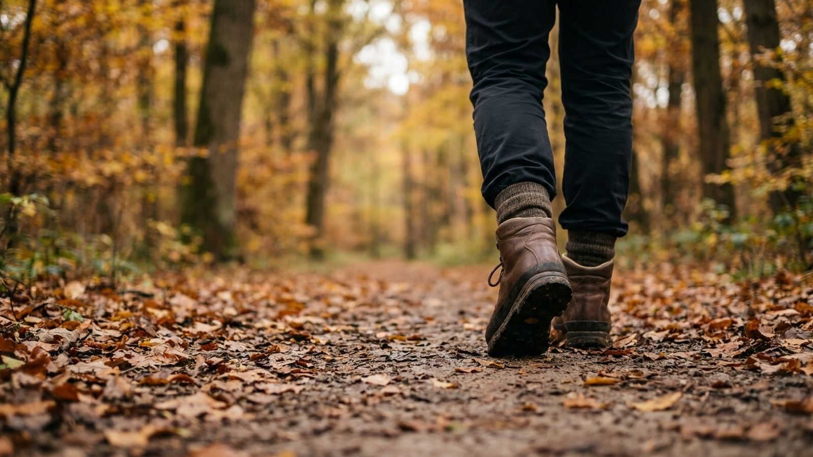Hiking boots on a leaf-covered forest trail in autumn