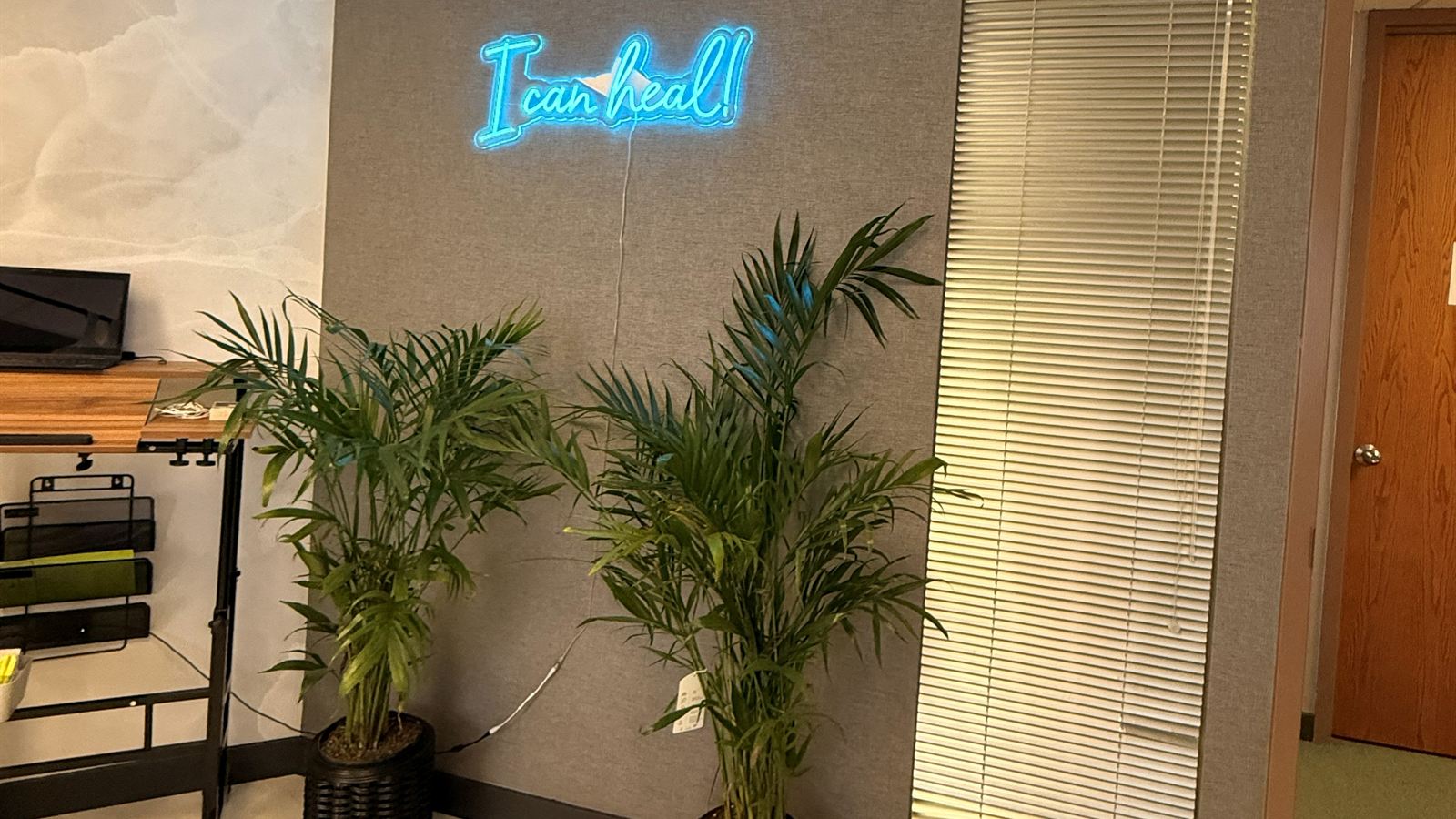 An I can heal! neon sign above two palm plants at the Aculosophy clinic