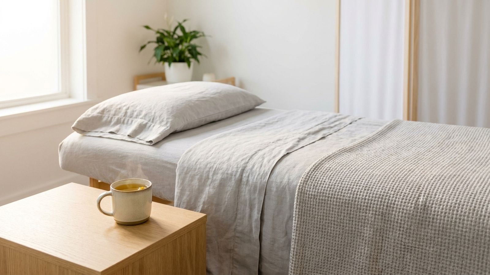 A neatly made bed in morning light with a cup of tea on the bedside table
