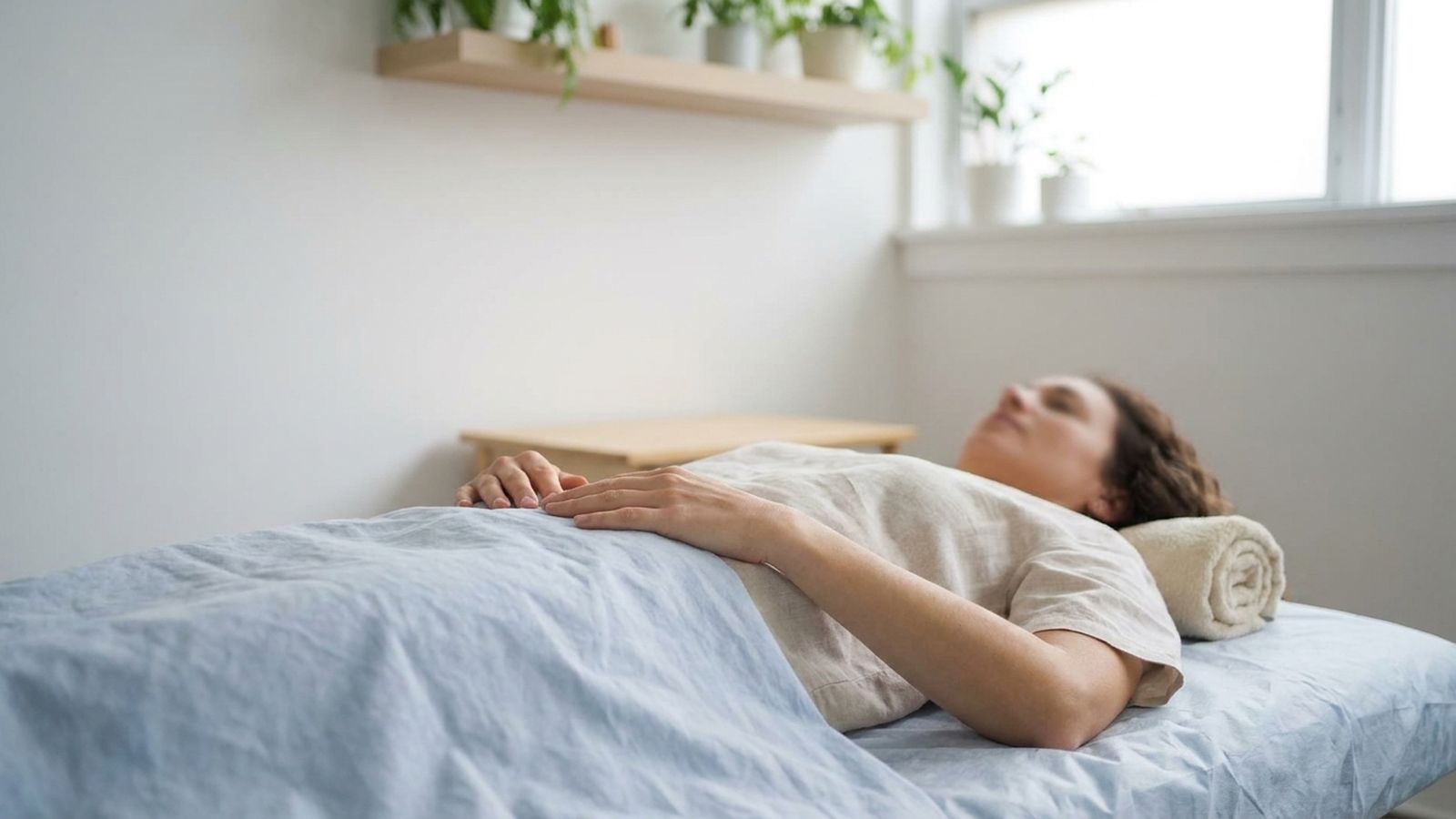 A patient resting face up on a treatment table with a rolled towel under the neck
