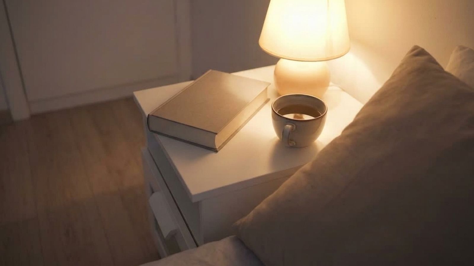 A bedside table at night with a warm lamp, a book and a cup of tea